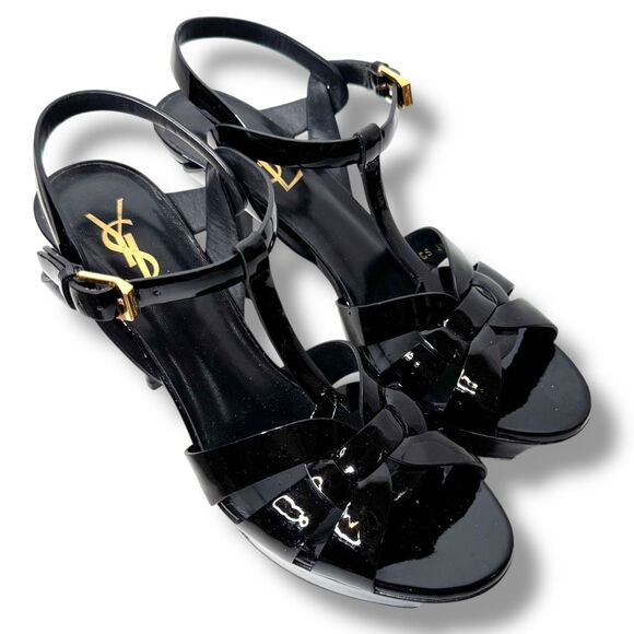 Saint Laurent Tribute Black Patent Leather Platform High Heel Sandals Size 37.5 - Picture 1 of 13